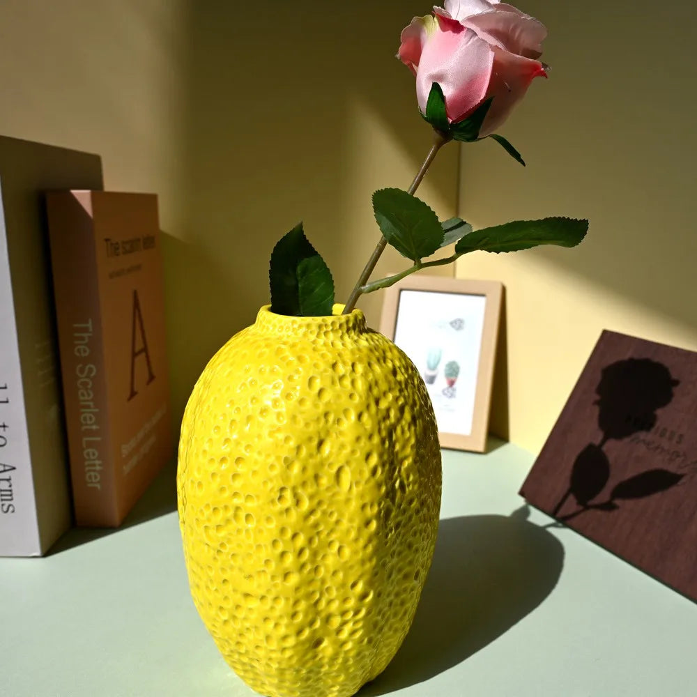 Yellow Lemon Vase Ceramic Flower Pot Fruit Figurines Model Home Decoration Tabletop Centerpiece Living Room Kitchen Gift